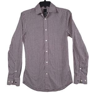 H&M Button Down Shirt Men’s XS Burgundy White Gingham Slim Fit Easy Iron Preppy